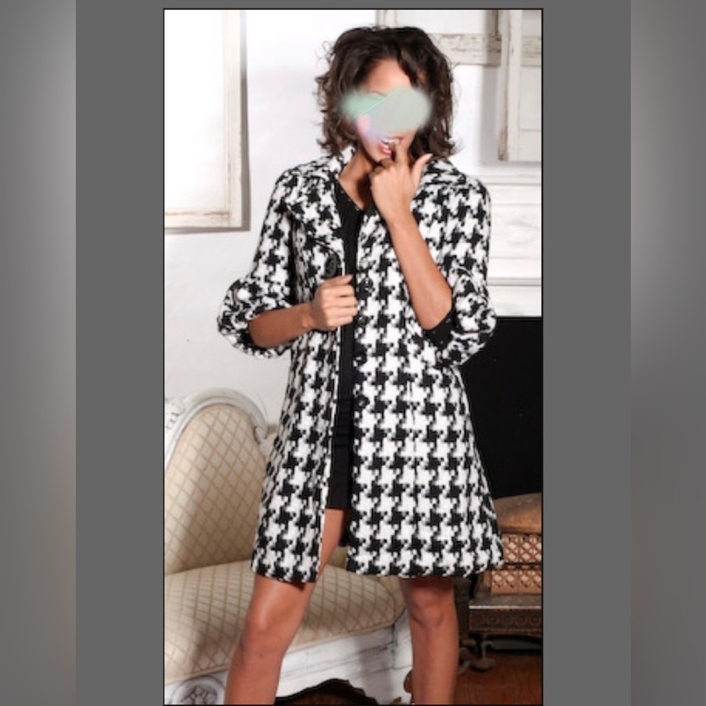 Petal sleeve Babydoll‎ Houndstooth Print Short Wool Coat Size M puff flare